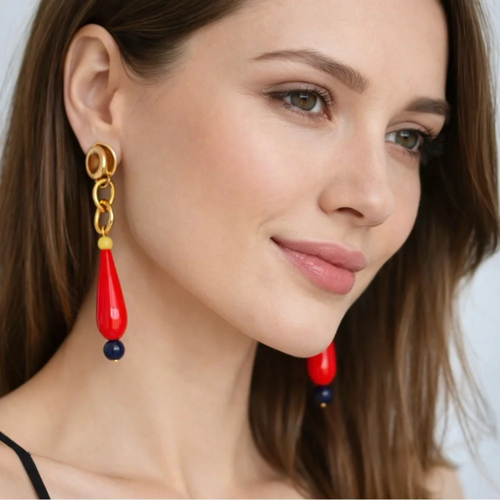 Handmade Gold Beaded Coral Teardrop Earrings